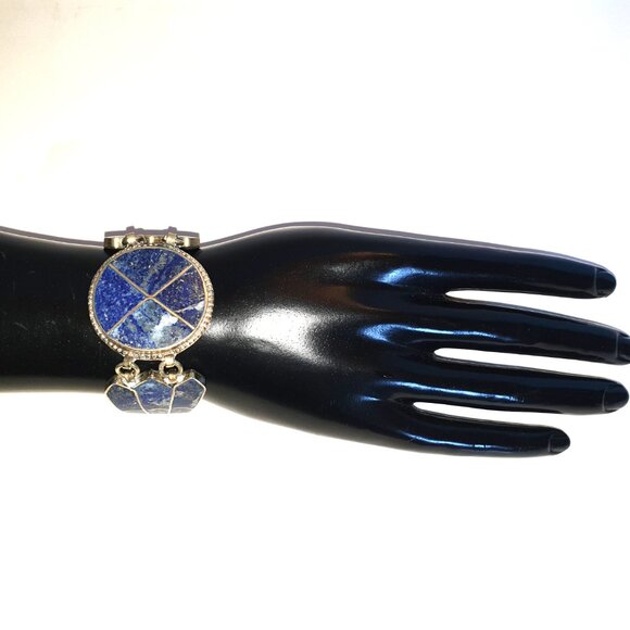 7'' Rare  Bold Vintage Afghan Lapis Lazuli Inlay Silver Tone Bracelet - Picture 2 of 11